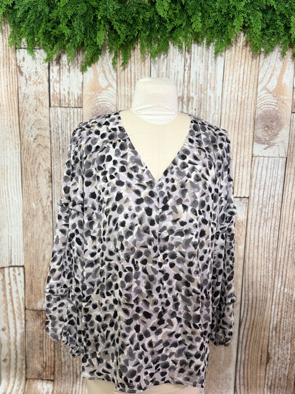 Belle by Kim Gravel Black & Gray Animal Print V-Neck Blouse